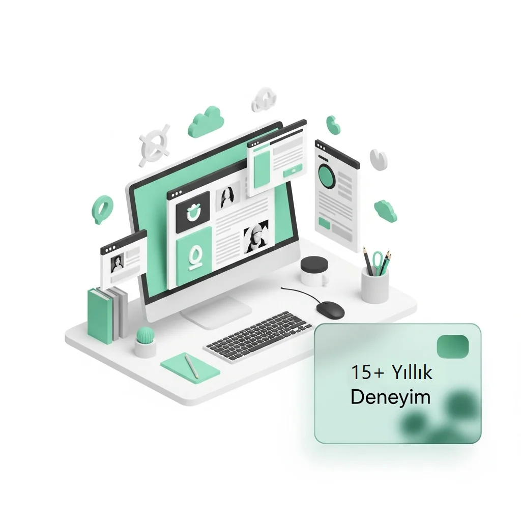 Web tasarım çalışma masası ve 15+ yıl deneyim kartı illüstrasyonu